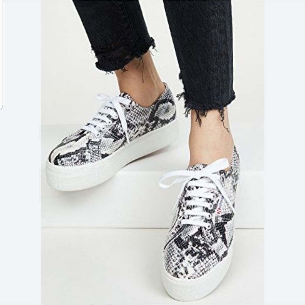 Superga Platform Sneakers Womens Size 8.5 Black White Snakeskin